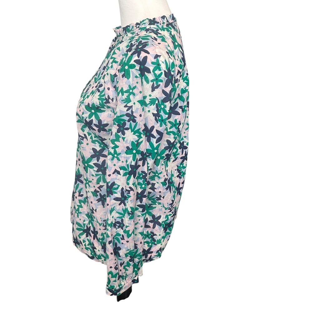 Talbots Petite Top Women's SP Navy Pink Floral‎ Ruffle Neck Button Up Shirt - Picture 2 of 9